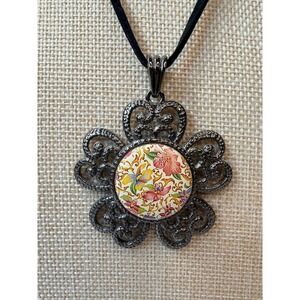 Magnabilities Gunmetal Filigree Floral Magnetic Pendant Necklace Black Cord